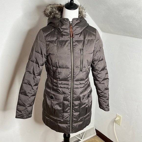 Eddie Bauer Bronze 3/4 length Down Filled Winter Coat with faux fur trim PS - Picture 2 of 11